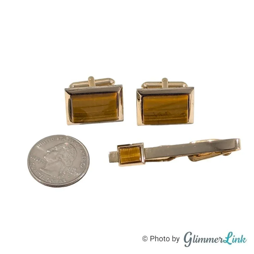 Vintage Swank Brown Tiger's Eye Rectangular Gold Tone Cufflinks & Tie Bar Set